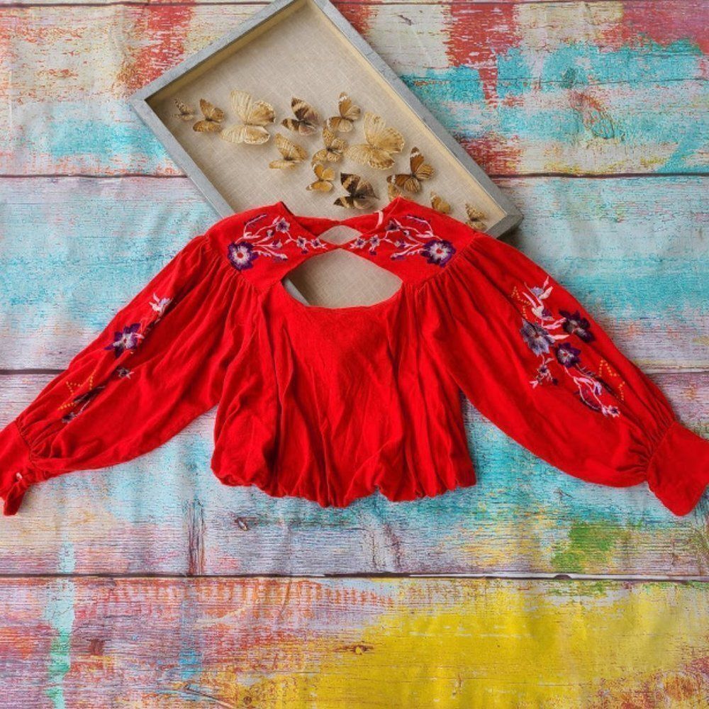 Free People Red Lita Floral Embroidered Oversized Boho Long Sleeve‎ Crop Top XS